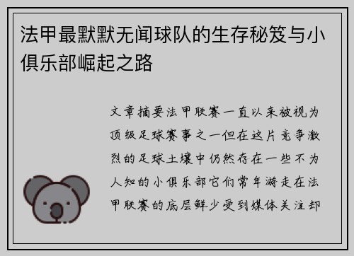法甲最默默无闻球队的生存秘笈与小俱乐部崛起之路