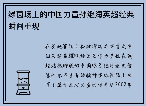 绿茵场上的中国力量孙继海英超经典瞬间重现