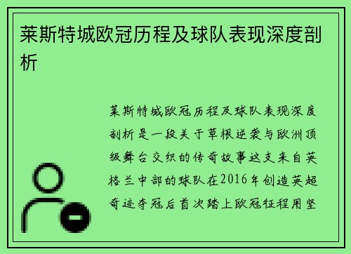 莱斯特城欧冠历程及球队表现深度剖析